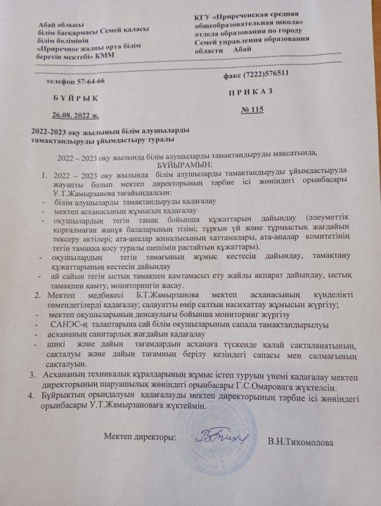 2022-2023 оқу жылы Тамақтандыруды ұйымдастыру.